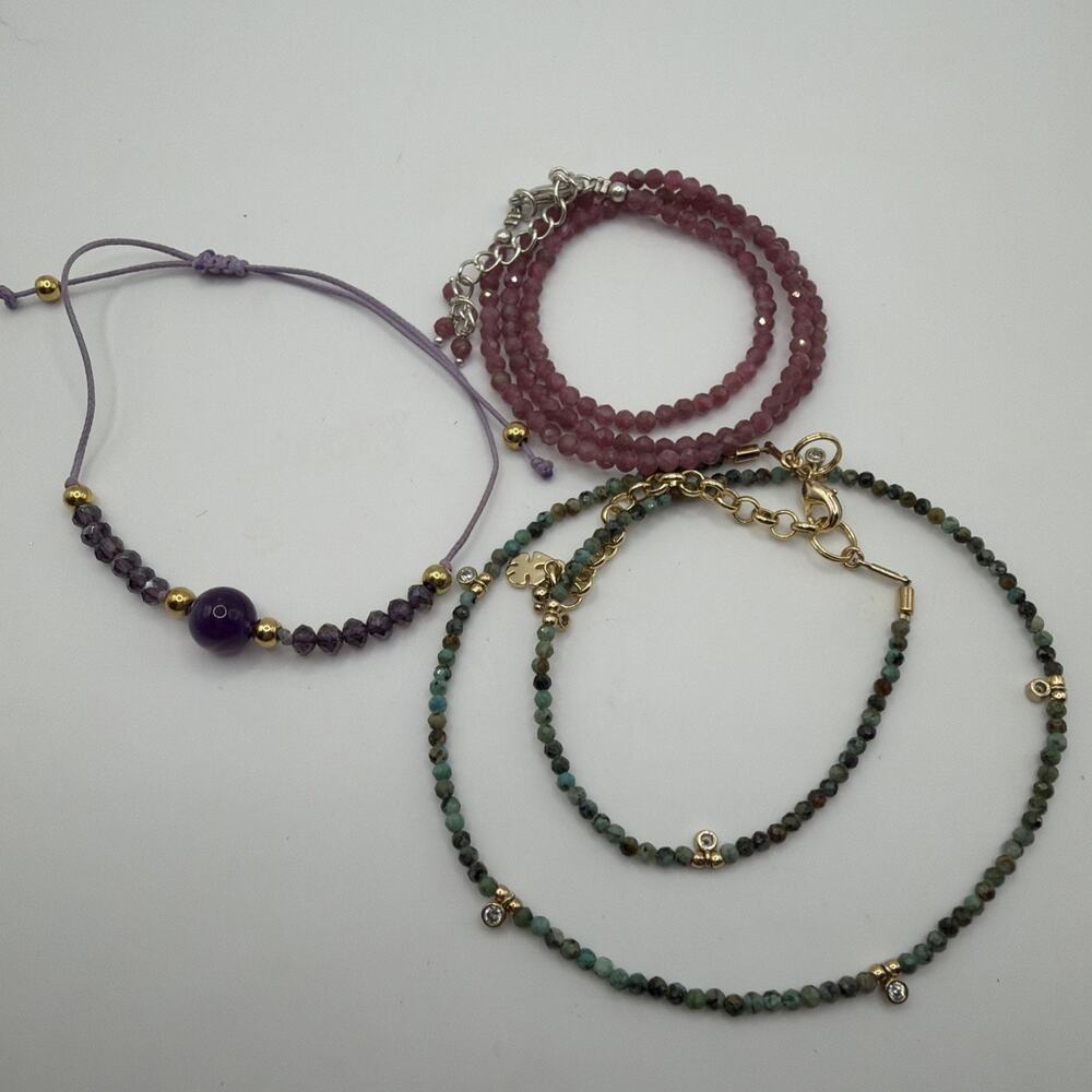 Seed Bead Necklace Bracelet Lot Pink Purple Green Dainty Minimalist 3 pc Faceted